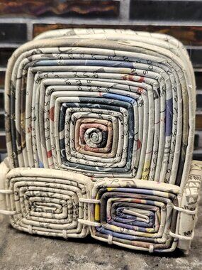 VINTAGE NEWSPAPER COASTERS HANDMADE RECYCLED PAPER MACHE SET OF 4 BOHO MOD Y2K
